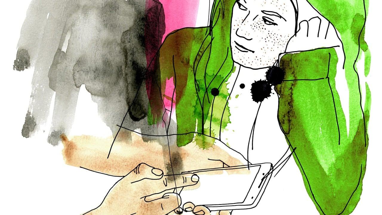 Illustration händer med mobil och en person i hoodie som lutar huvudet mot kinden.