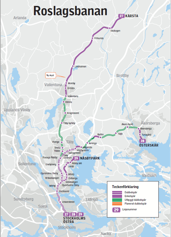 Karta över Roslagsbanans linjer