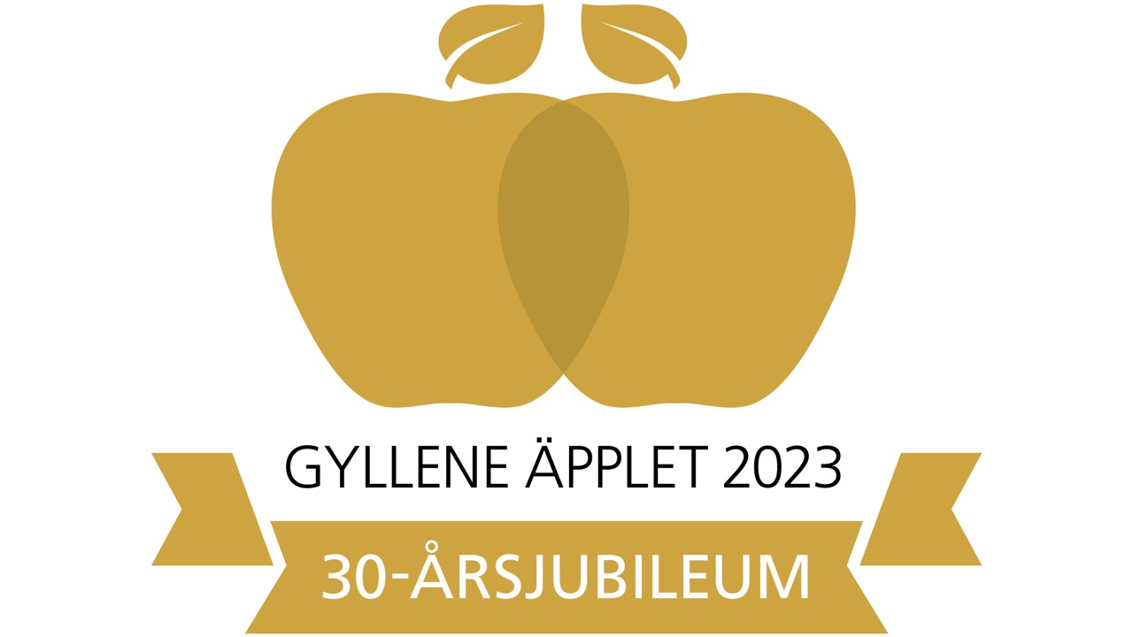 grafisk bild av två äpplen med texten gyllene äpplet 2023 30-årsjubileum