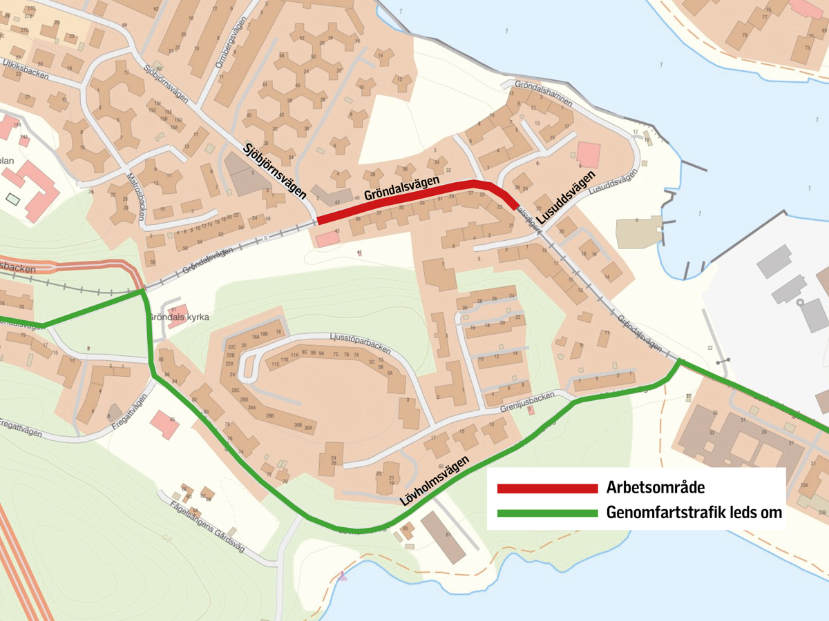 Karta som visar arbetsområdets utsträckning i Gröndal och hur genomfartstrafiken leds om via Lövholmsvägen.