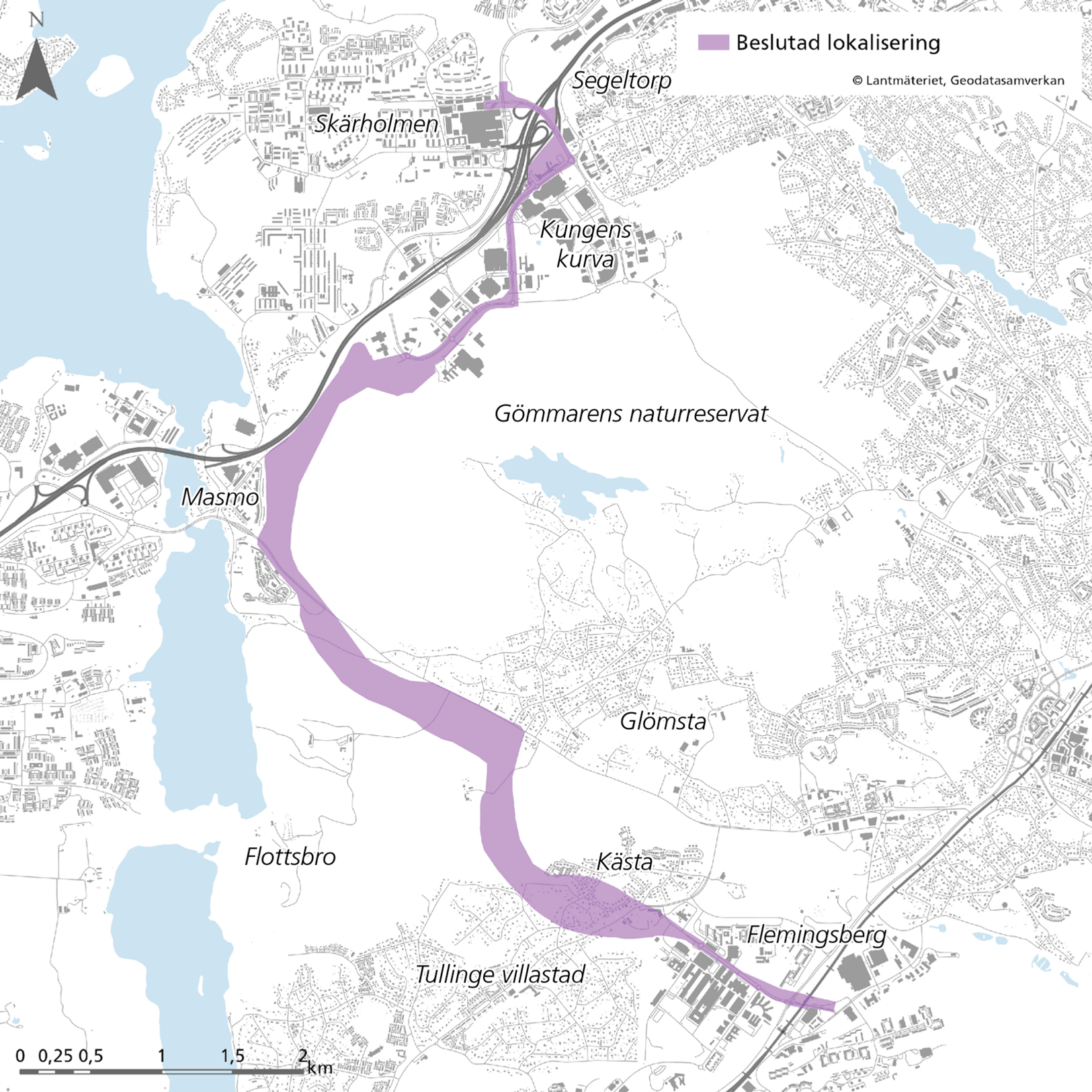 En karta &ouml;ver en stad med en lila linje som illustrerar hur sp&aring;rv&auml;gen kan g&aring;.