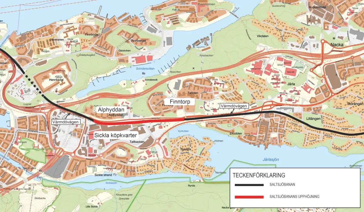 Översiktskarta över Saltsjöbanans upphöjning i Sickla.