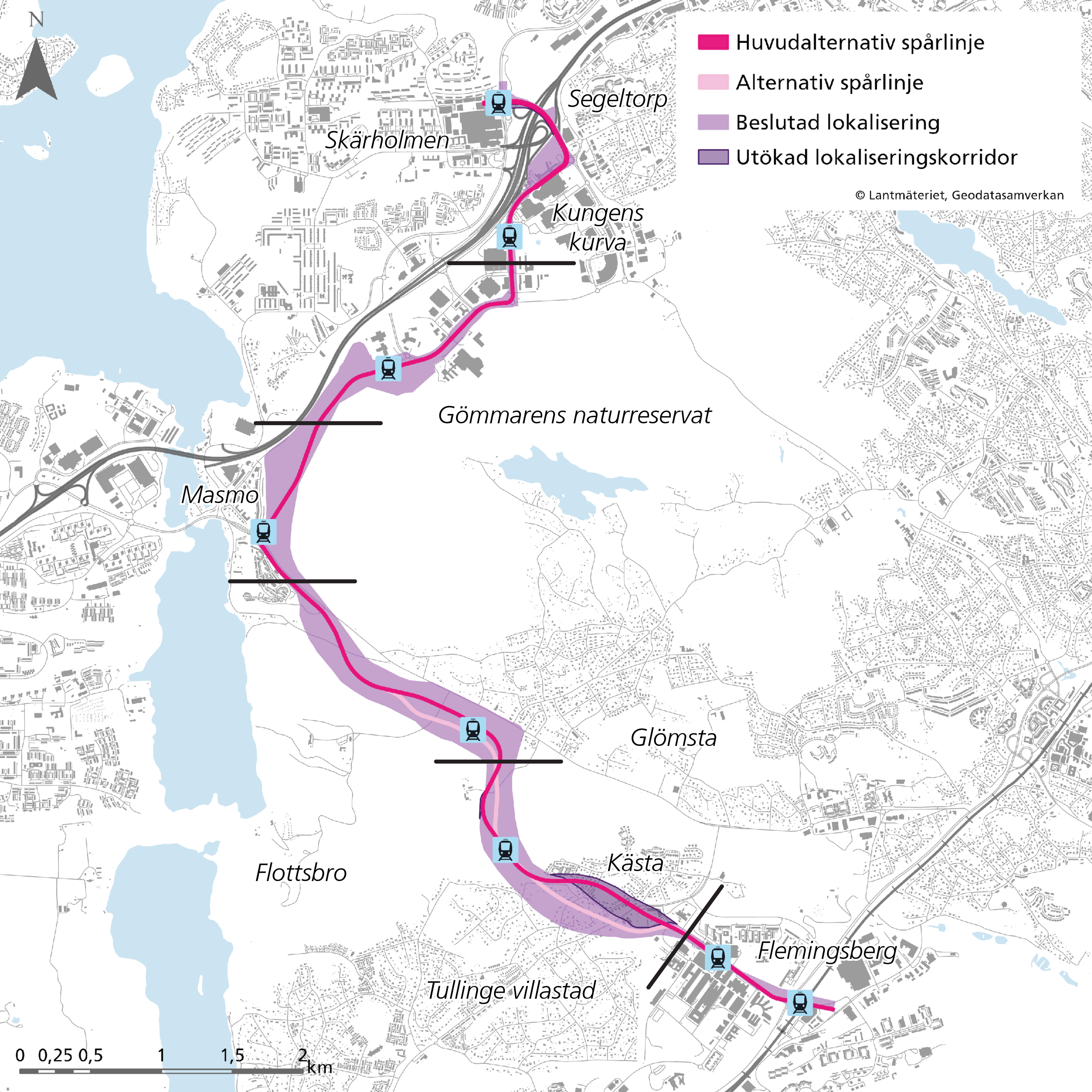 En karta &ouml;ver en stad med en lila linje som illustrerar hur sp&aring;rv&auml;gen kan g&aring;.