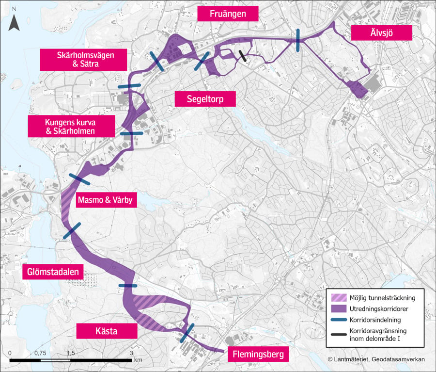 Karta över sydvästra Stockholm med en korridor för spår mellan Älvsjö och Flemingsberg