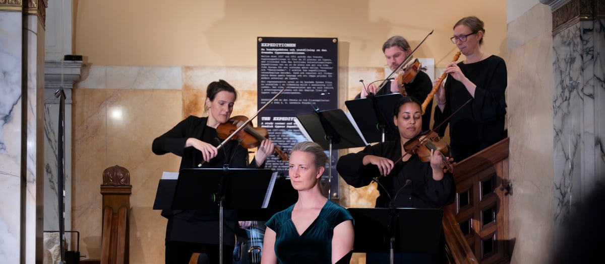 En grupp m&auml;nniskor som spelar str&aring;kinstrument i en trappa.