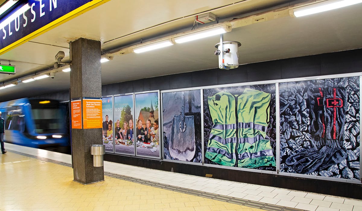 M&aring;lningar p&aring; Slussen f&ouml;rest&auml;llande arbetet i tunnlar om natten.