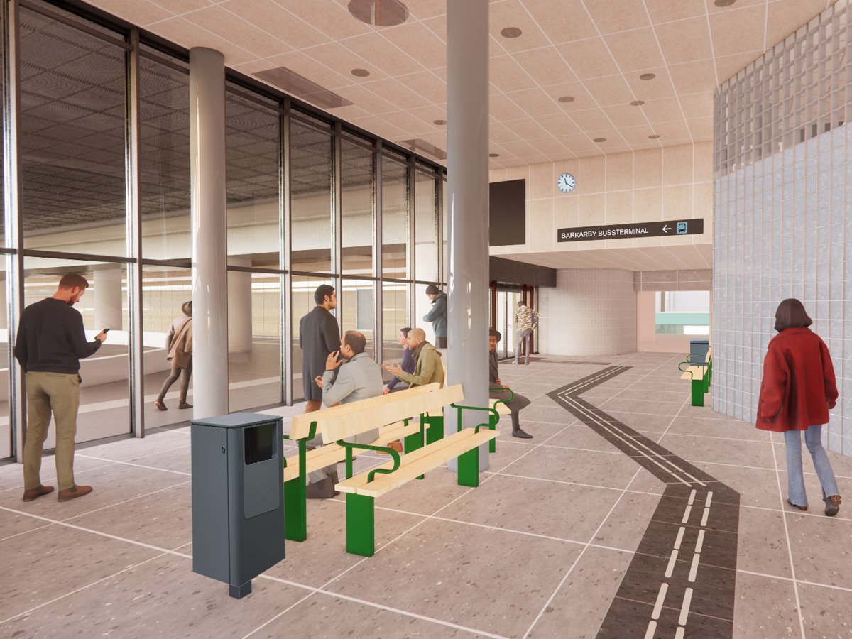 Bild/skiss på den nya vänthallen i bussterminal Barkarby