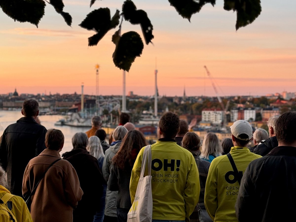 En grupp personer står med ryggarna mot kameran på en höjd framför en vacker utsikt över Stockholm med sommarhimmel. 