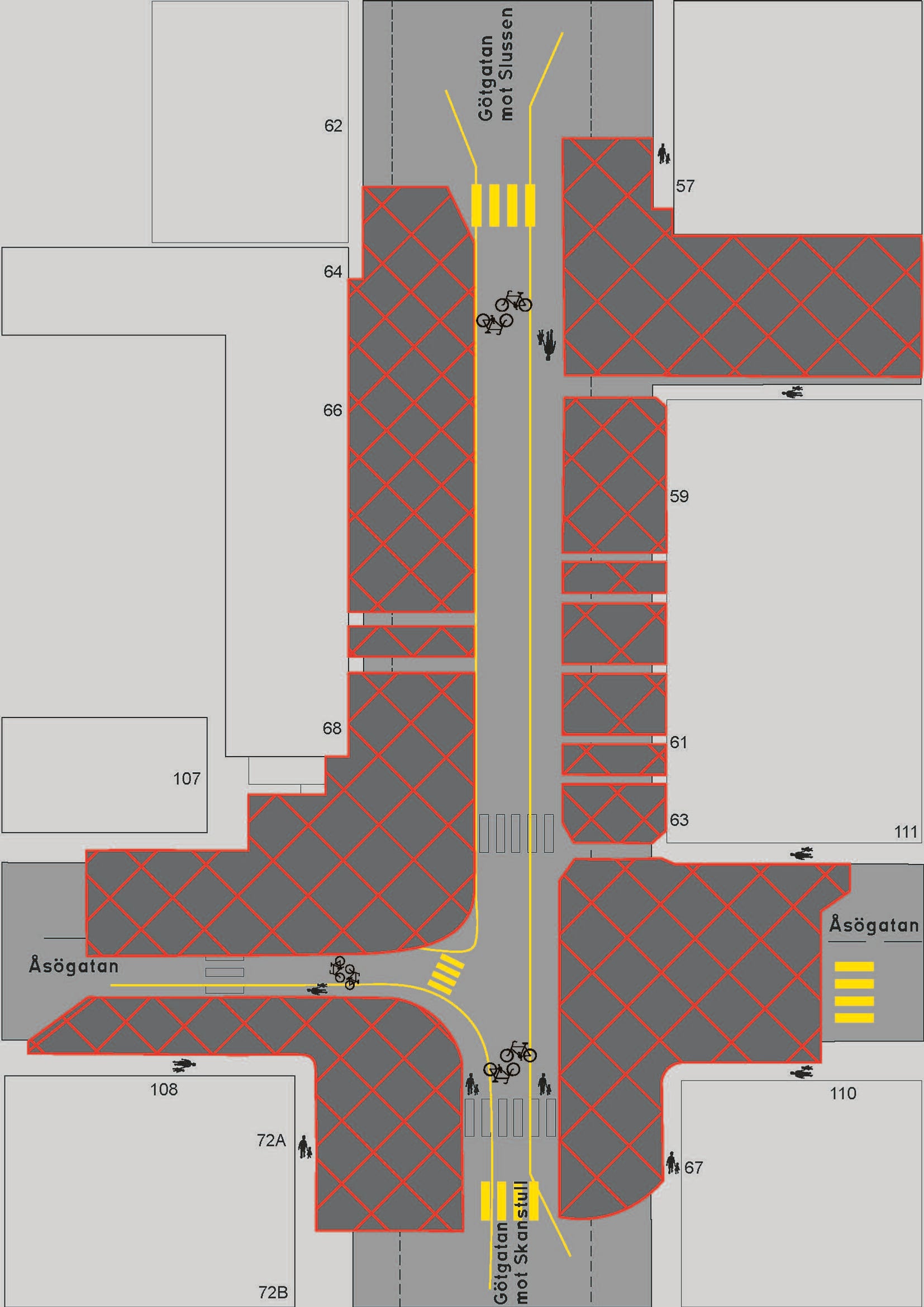 Karta &ouml;ver korsningen G&ouml;tgatan&ndash;&Aring;s&ouml;gatan med markerade &ouml;verg&aring;ngsst&auml;llen, cykelpassager och r&ouml;dskrafferade arbetsomr&aring;den l&auml;ngs gatorna.