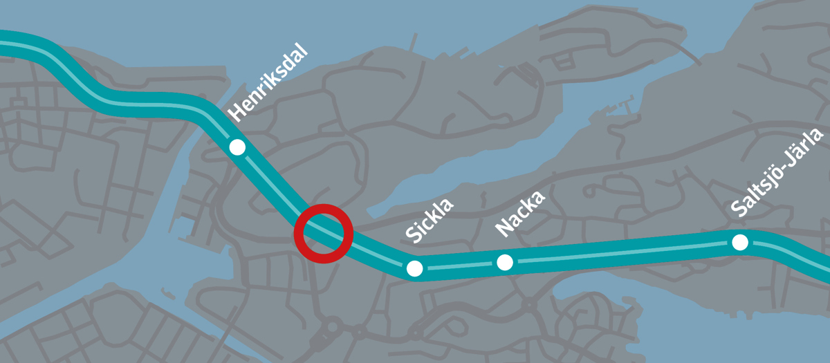 Karta som visar projektets arbetsomr&aring;de strax v&auml;ster om Sickla station