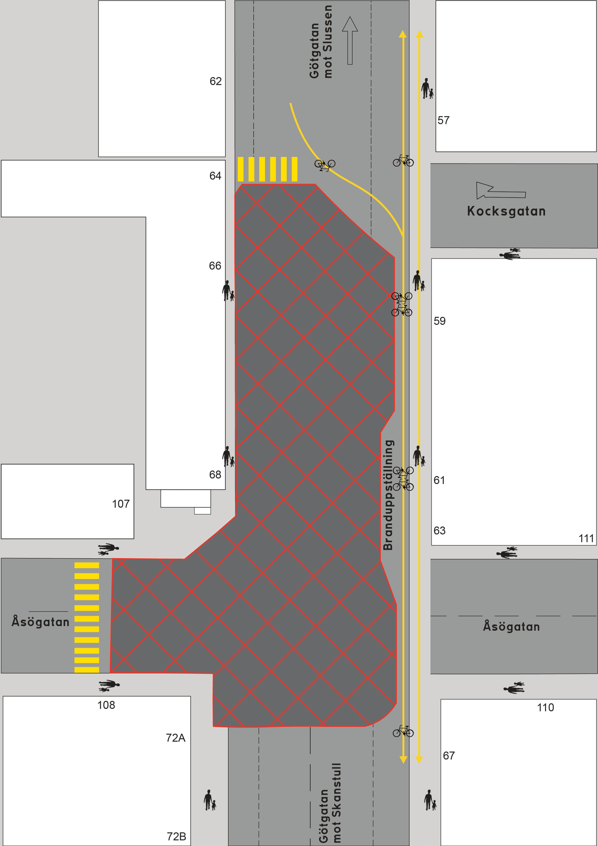 Karta över korsningen Götgatan–Åsögatan med markerade övergångsställen, cykelpassager och rödskrafferade arbetsområden längs gatorna.