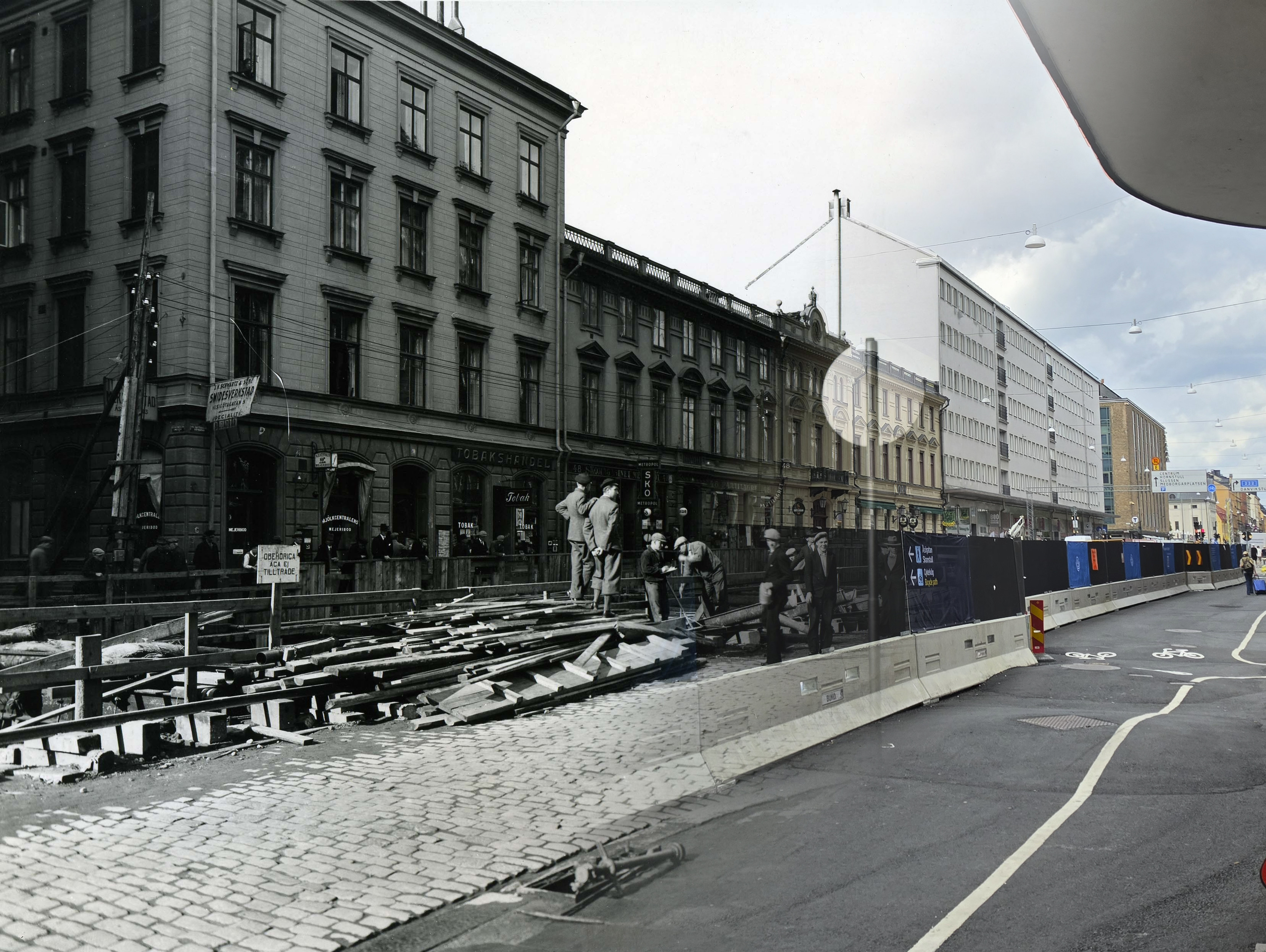 &Ouml;verlagrad bild av G&ouml;tgatan f&ouml;rr och nu, med byggarbete och avsp&auml;rrningar l&auml;ngs trottoaren.