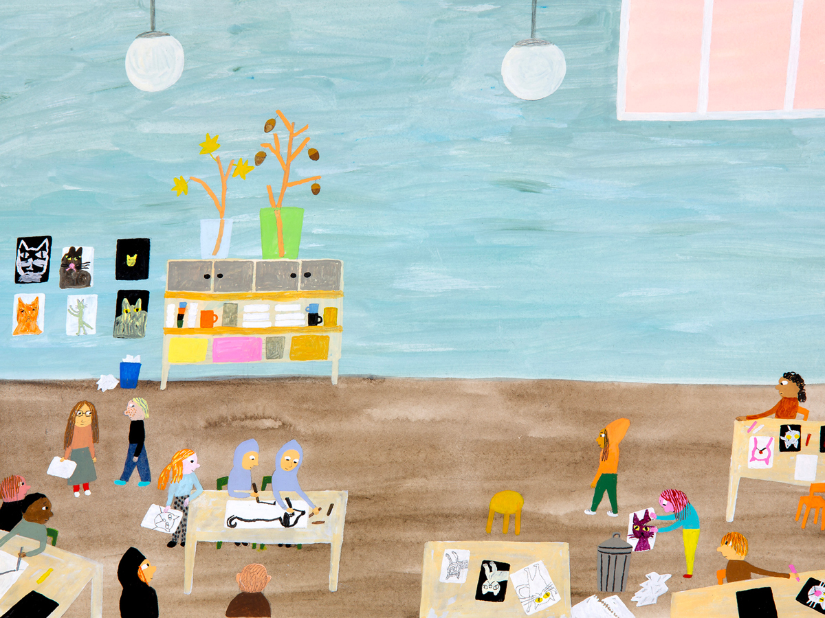 Illustration av Eva Lindström. Ett klassrum med barn och bänkar.