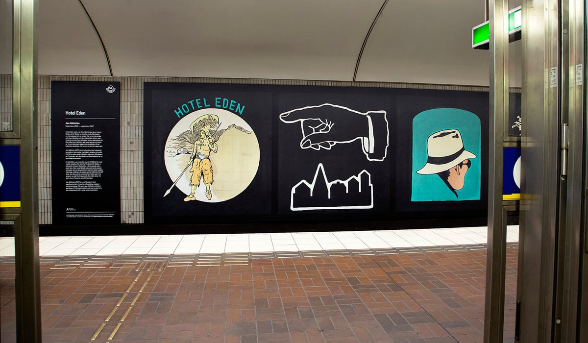 L&aring;n bild utmed tunnelbanev&auml;gg med illustrationer.