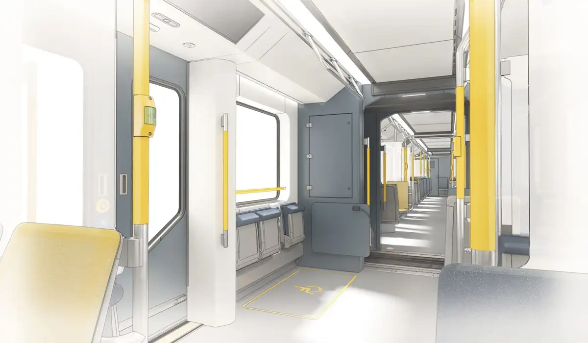Interiör konceptbild på Saltsjöbanans nya fordon X25