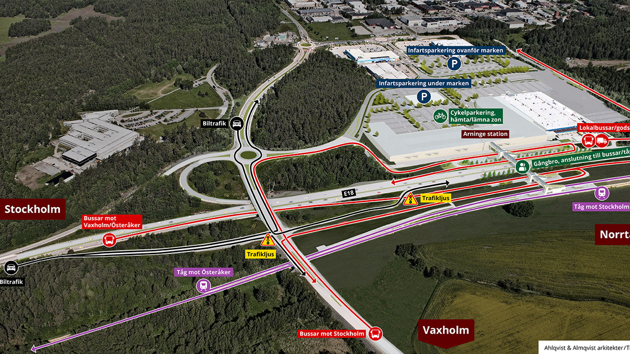 Illustrerad karta som visar trafikflödet för bussar, tåg och bilar i nya Arninge