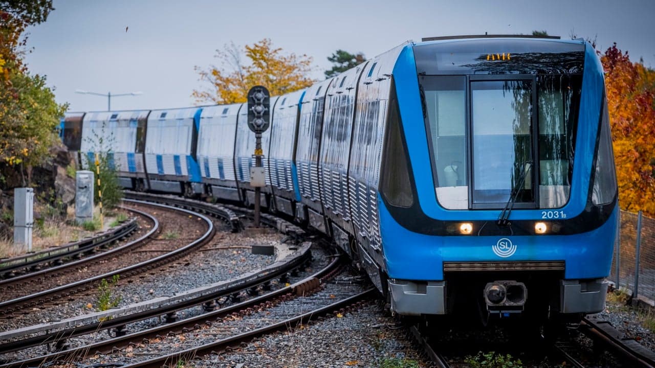 Ett blått tunnelbanetåg rullar in mot station. Runt den så syns träd vars blad är röda och gula, det är tydlig höst. 