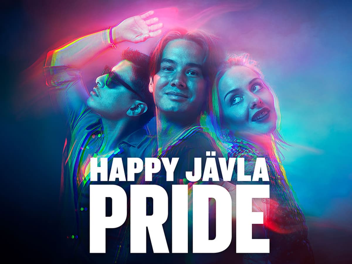 Pressbild för tv-serien Happy jävla pride. Tre personer syns