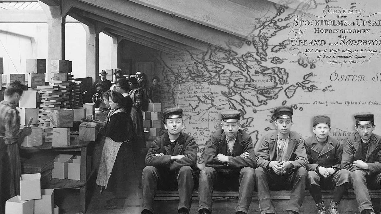 Kollage med flera historiska bilder. I förgrunden syns en grupp pojkar som sitter på en bänk. Till vänster arbetar några kvinnor med kartonger. I bakgrunden syns en karta. 