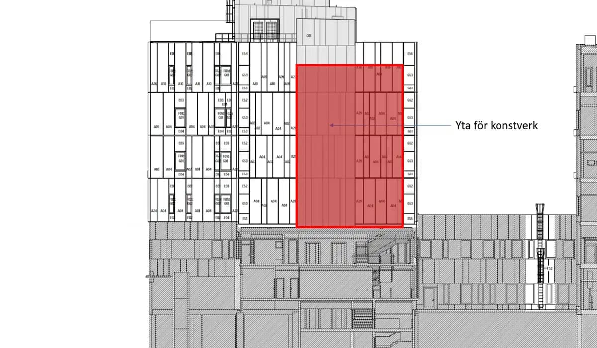 Svart-vit ritning av byggnader vid Södertälje sjukhus.