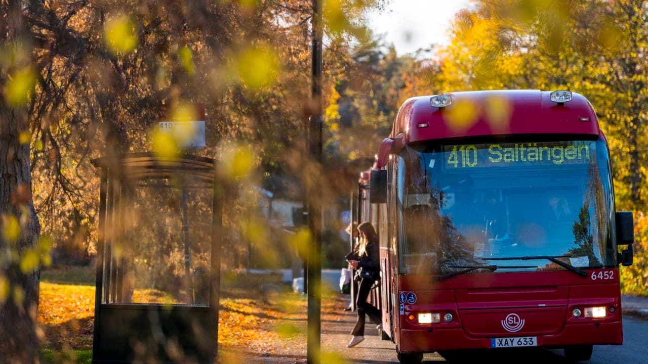 Resenärer väntar på buss i höstskrud