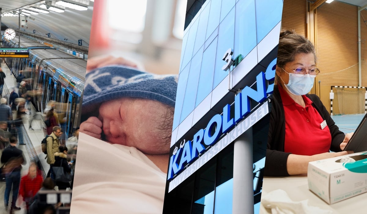 Fyra bilder som beskriver efterfrågat material. Från vänster till höger: tunnelbana, nyfödd bevis, karolinska sjukhusets entré och kvinnlig medarbetare med ansiktsmask
