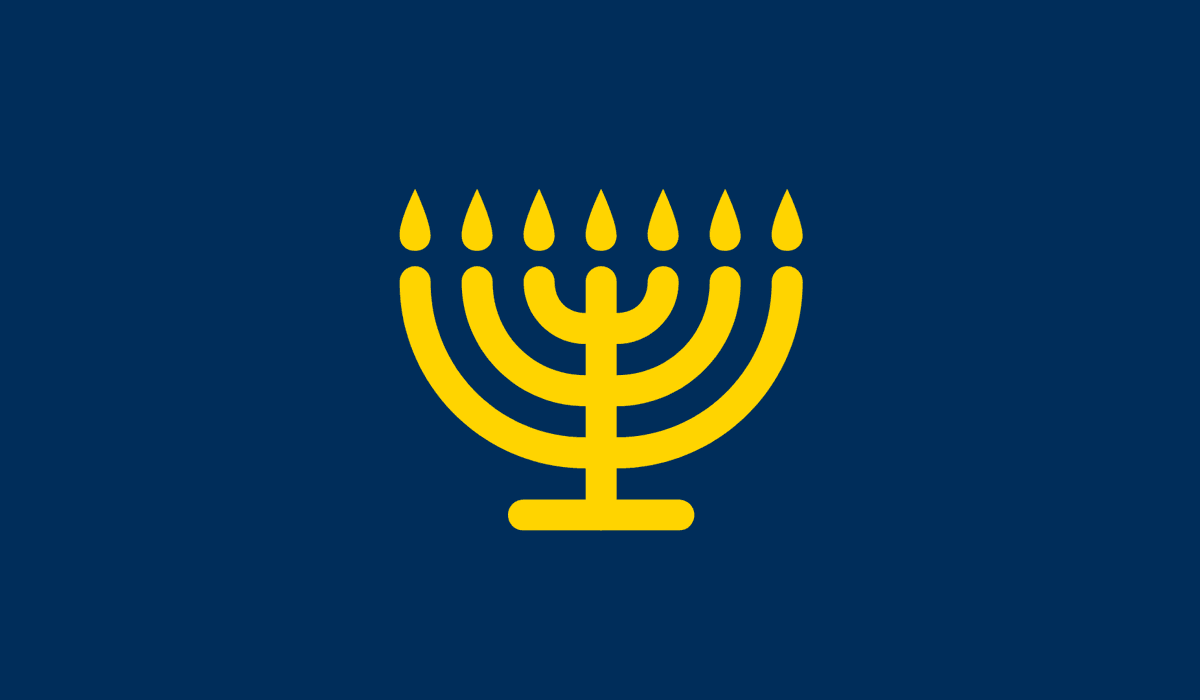 Grafisk bild på en gul menora med tända ljus på en blå bakgrund