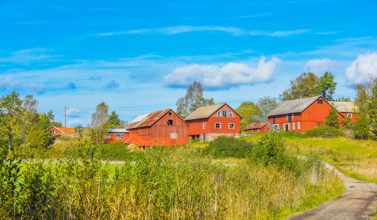 Röda stugor med blå himmel och grönt gräs.