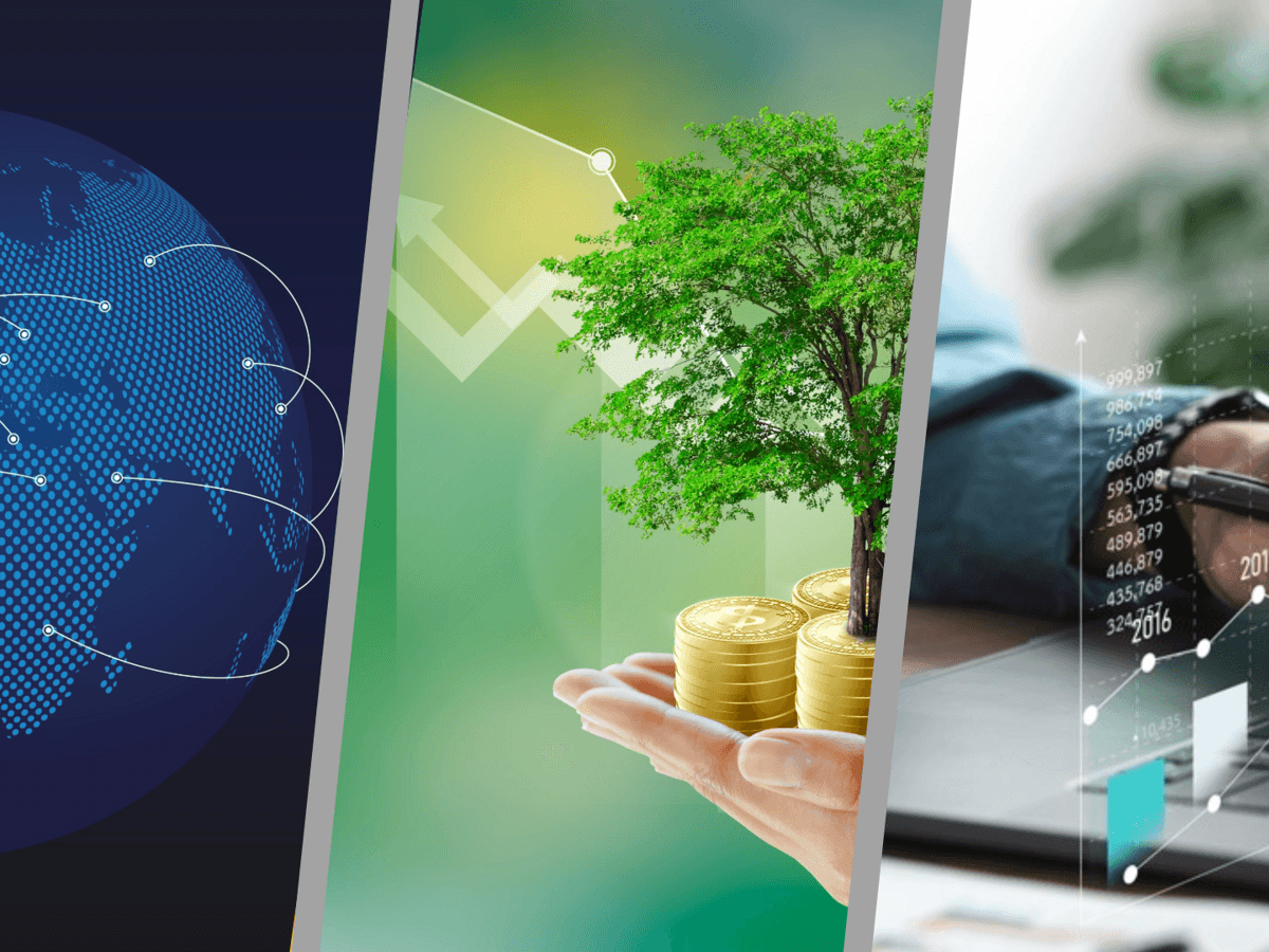 Kollage som visar på internationalisering, grön omställning samt digitalisering