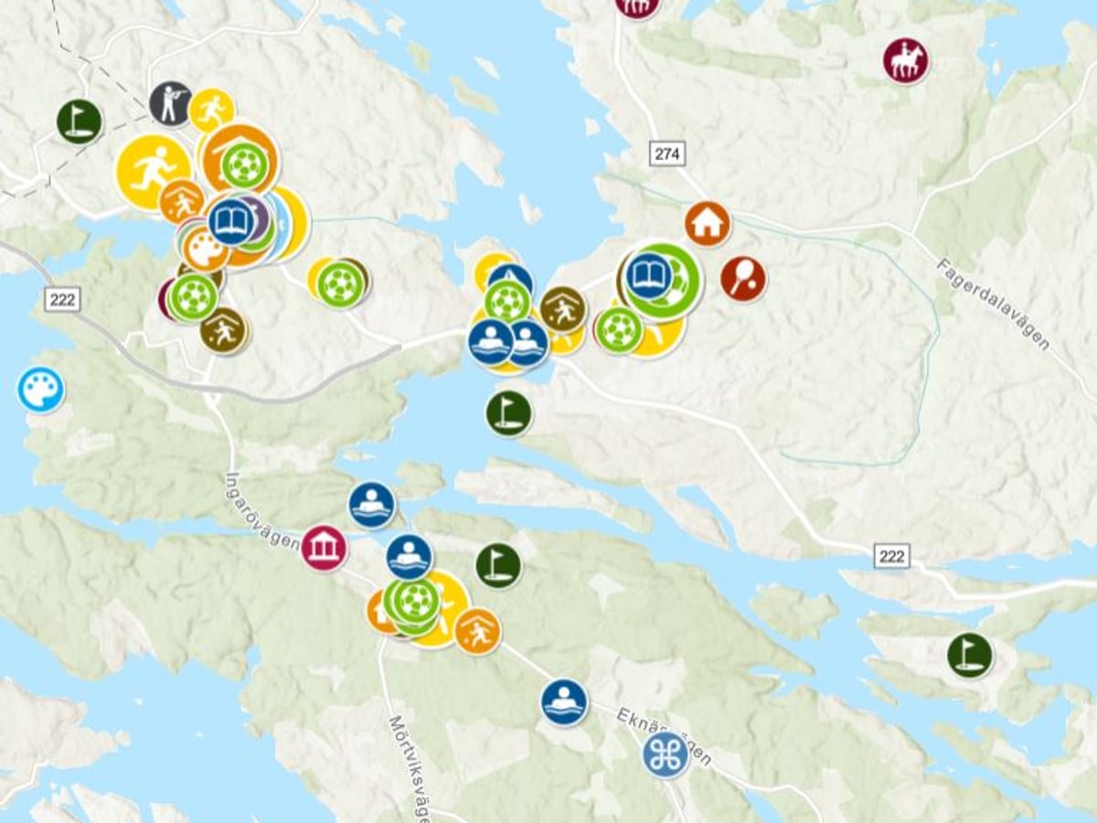 Karta med ikoner som visar kultur- och idrottsanläggningar