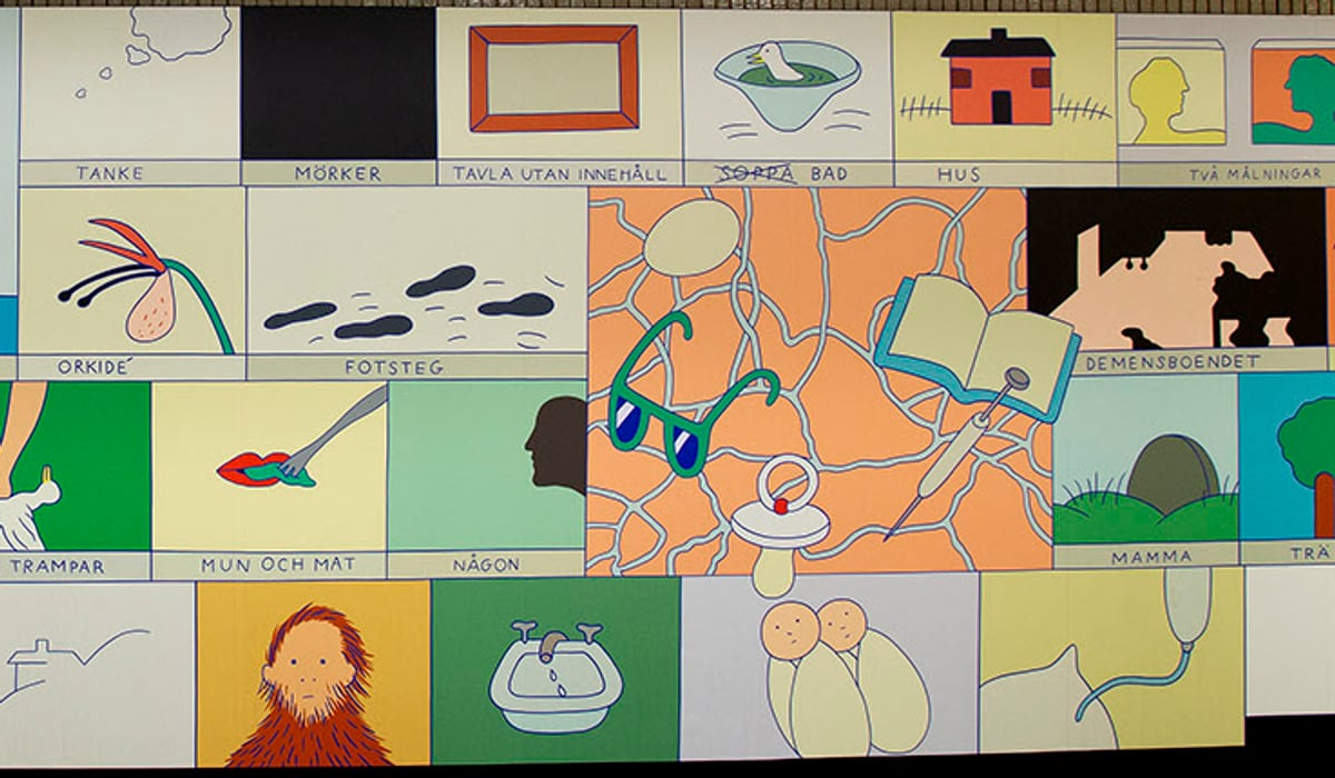 Bildkollage av målningar med vardagliga händelser som att läsa en bok, en apa, handfat, vissen blomma med mera.