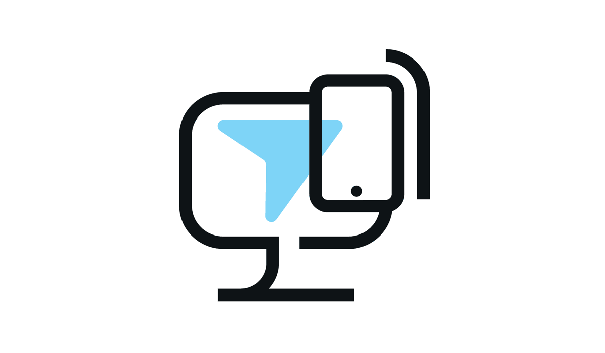 En svartvit dator med en blå triangel.