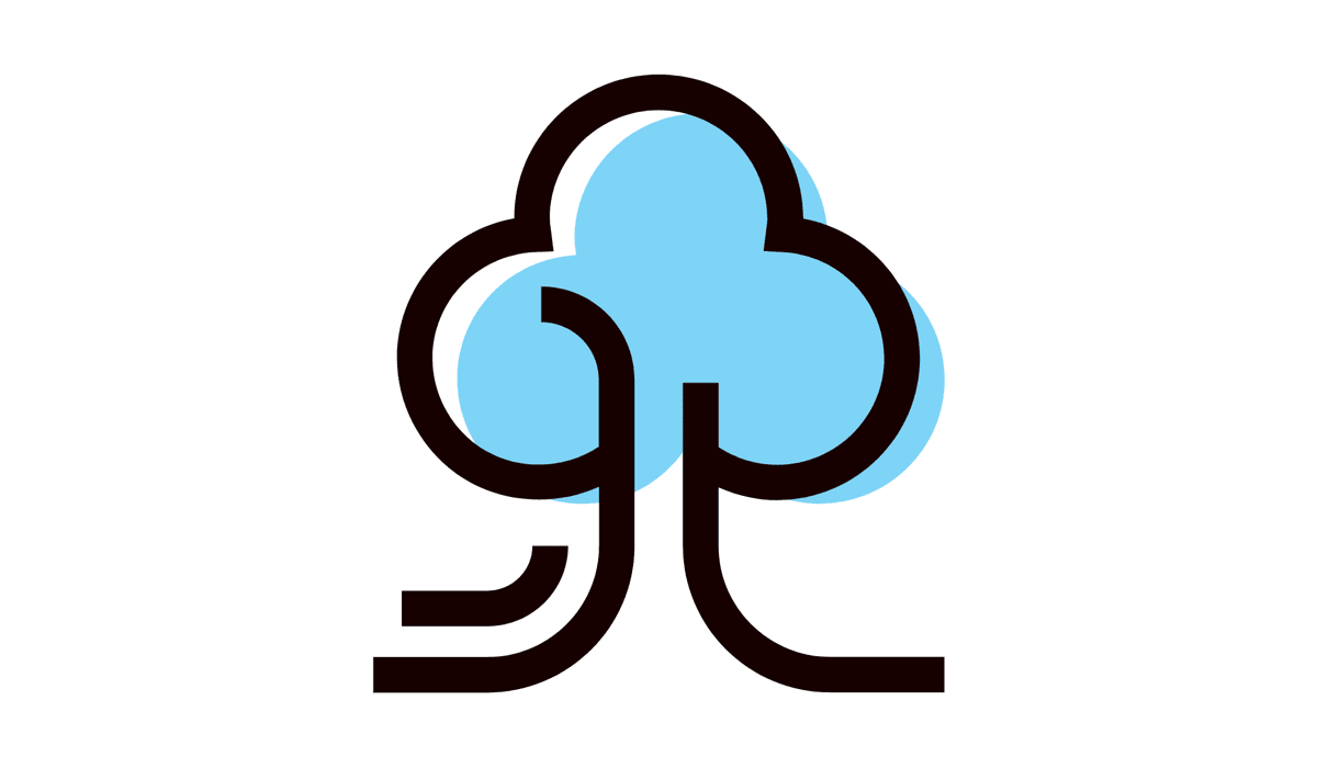 En blå och svart trädlogotyp på en vit bakgrund.