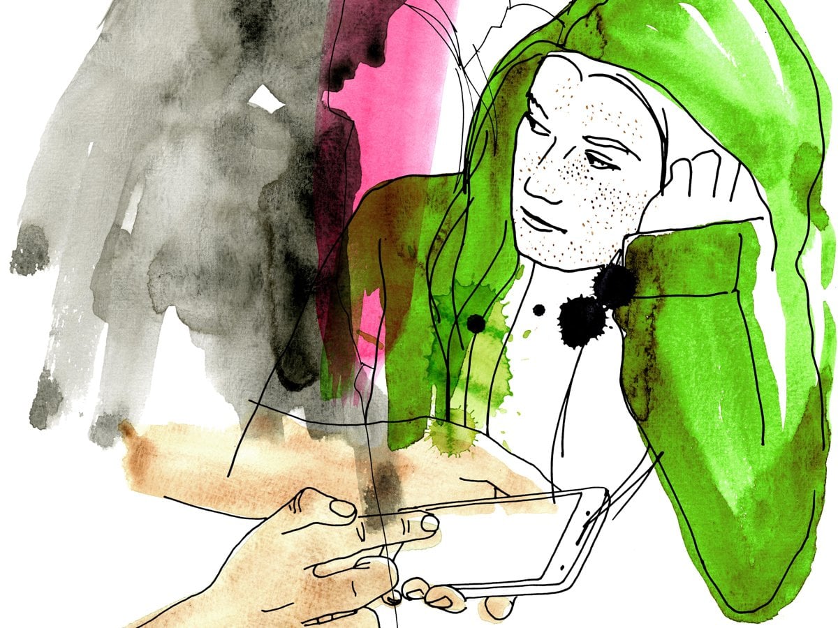 Illustration av ung person som lutar huvudet i ena handen. I förgrunden händer med en mobiltelefon.