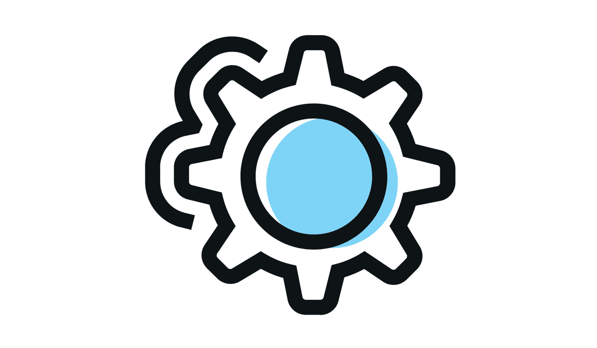 Ett kugghjul med blått centrum mot en vit bakgrund.