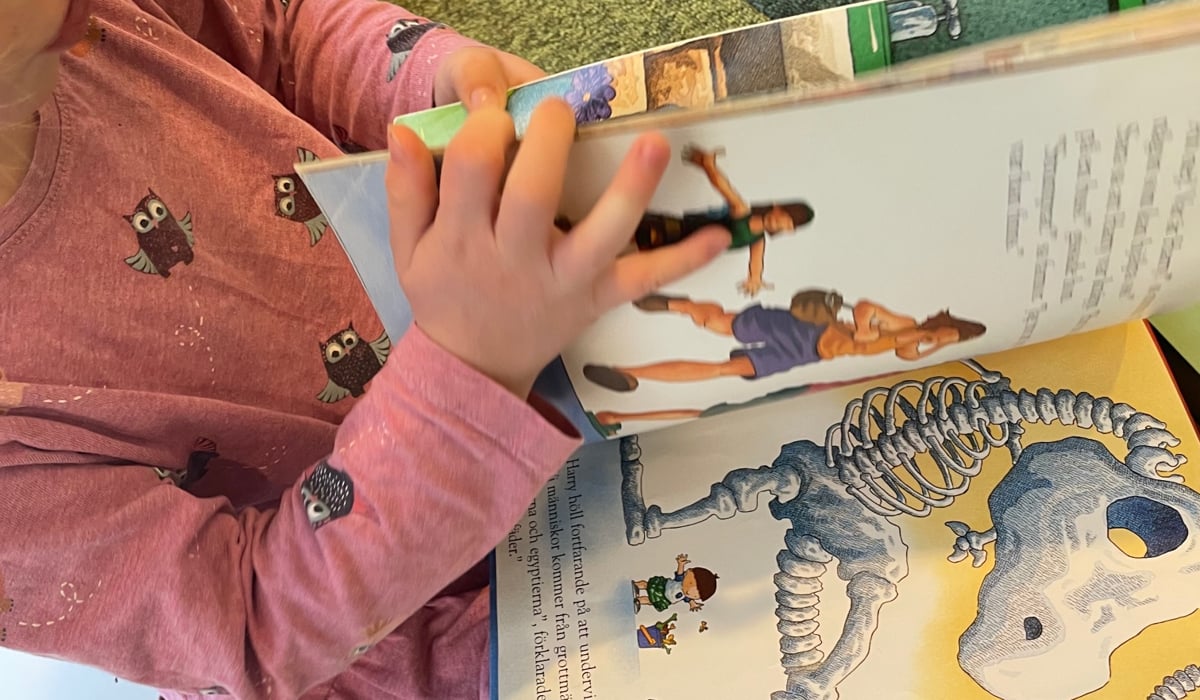 Ett barn bläddrar i en bok om dinosaurier