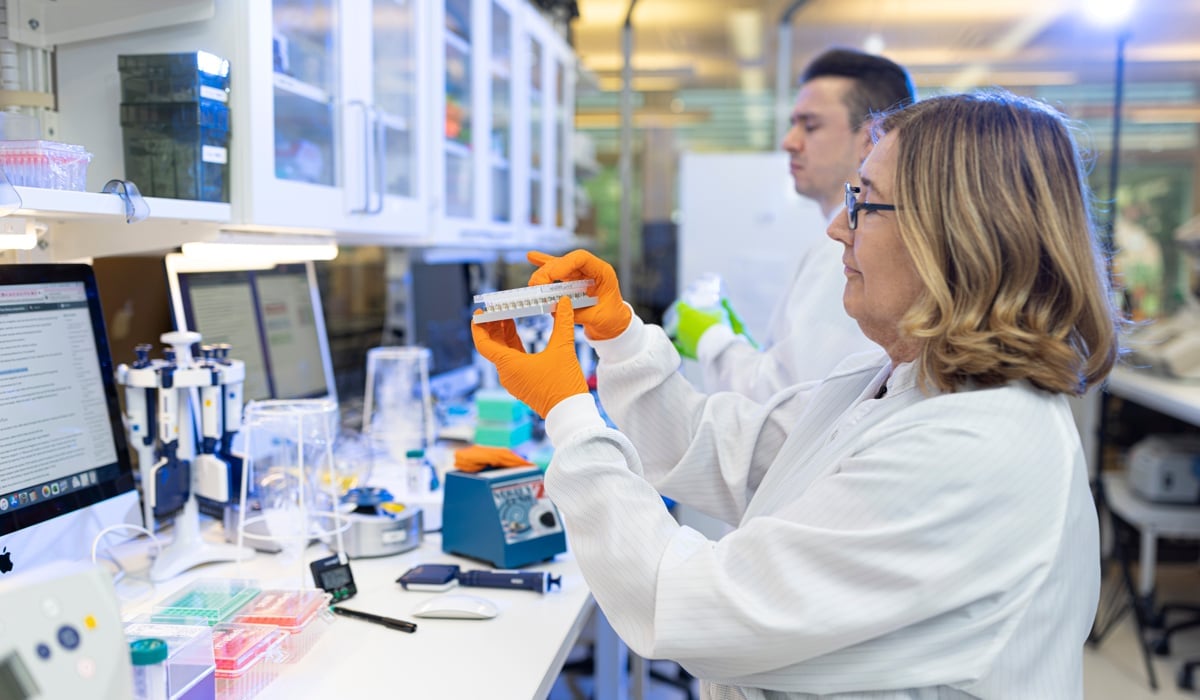 Forskare undersöker forskningsinstrument.