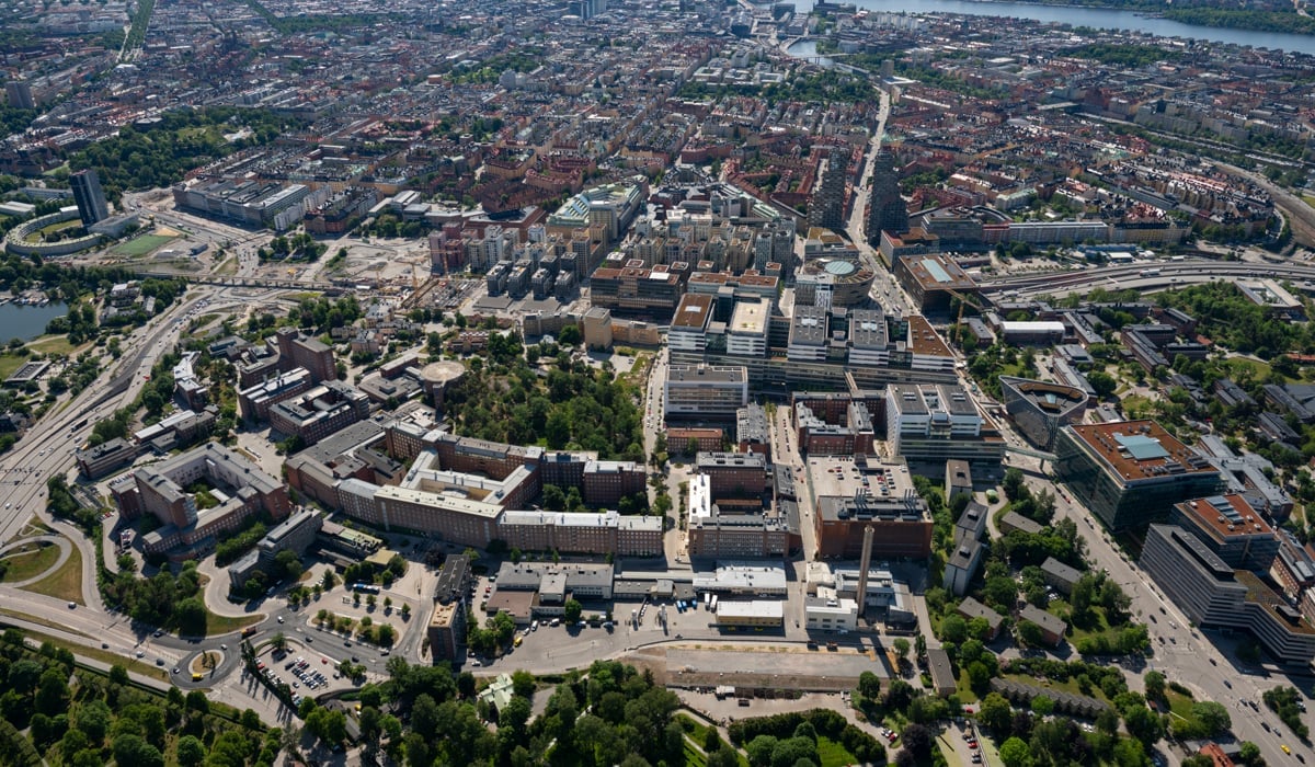 Flygbild över Norra Hagastaden i Stockholm