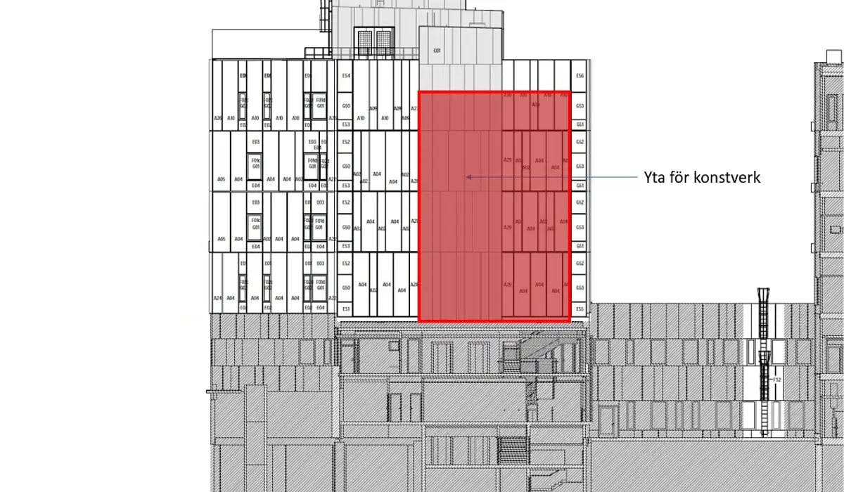 Svart-vit ritning av byggnader vid Södertälje sjukhus.