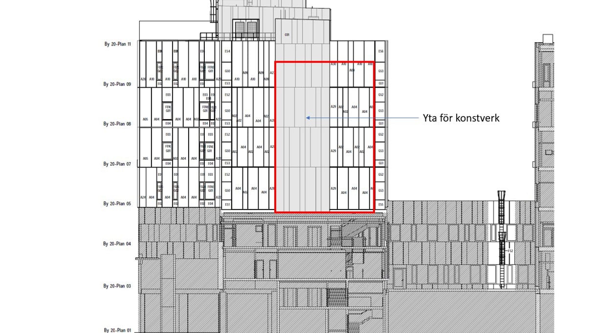 Svart-vit ritning av byggnader vid Södertälje sjukhus.