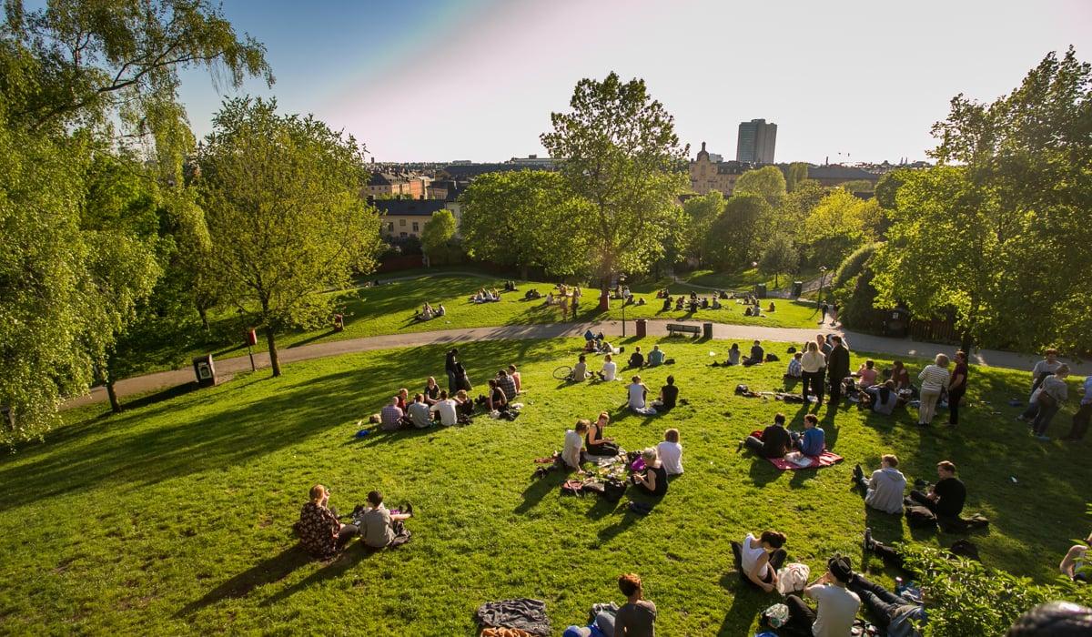 Foto på människor som sitter på filtar i en park på sommaren. 