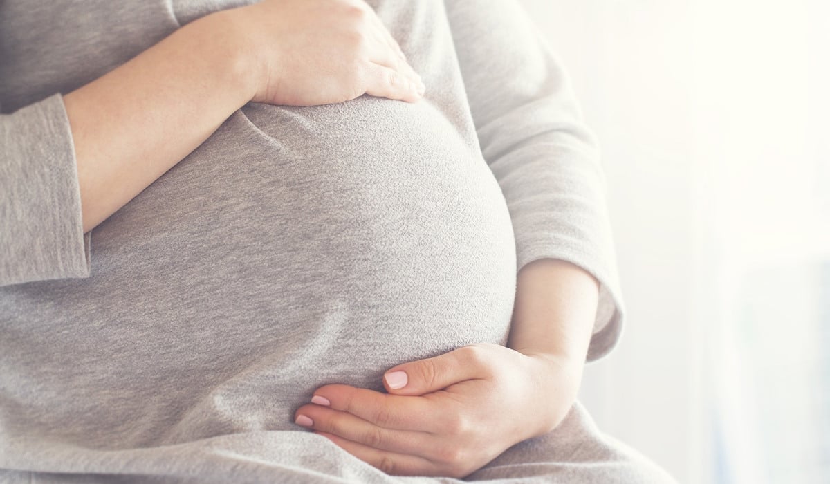 En gravid kvinna som håller sin mage i sina händer.