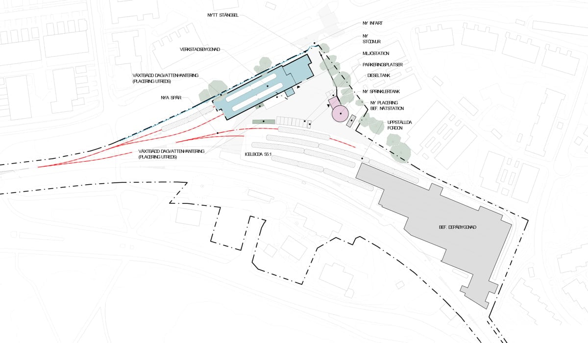 Grafisk situationsplan av utbyggnaden i Neglinge depå