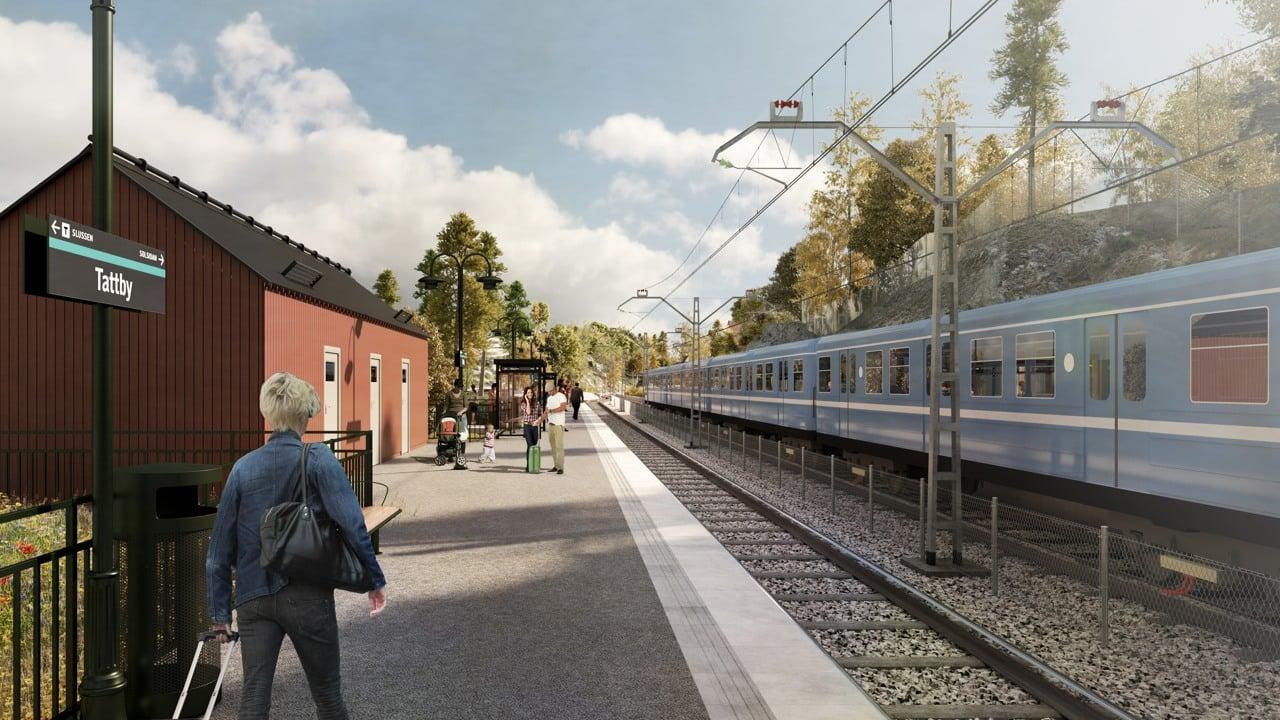 Visionsbild från Tattby med plattform och tåg på spåret