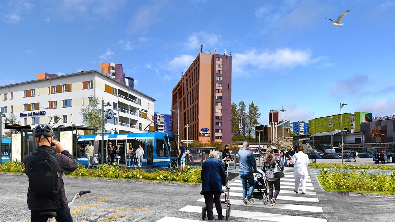 Visionsbild resenärer vid hållplats för Spårväg Syd i Flemingsberg