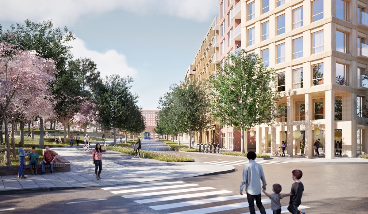 Arkitektbild som illustrerar framtidens Hälsingegatan i Norra Hagastaden.