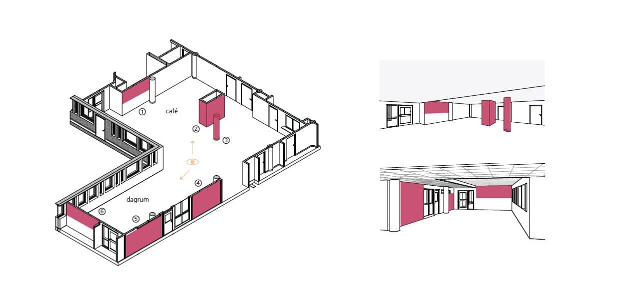 Cafe and day room with red markings for possible places for art.
