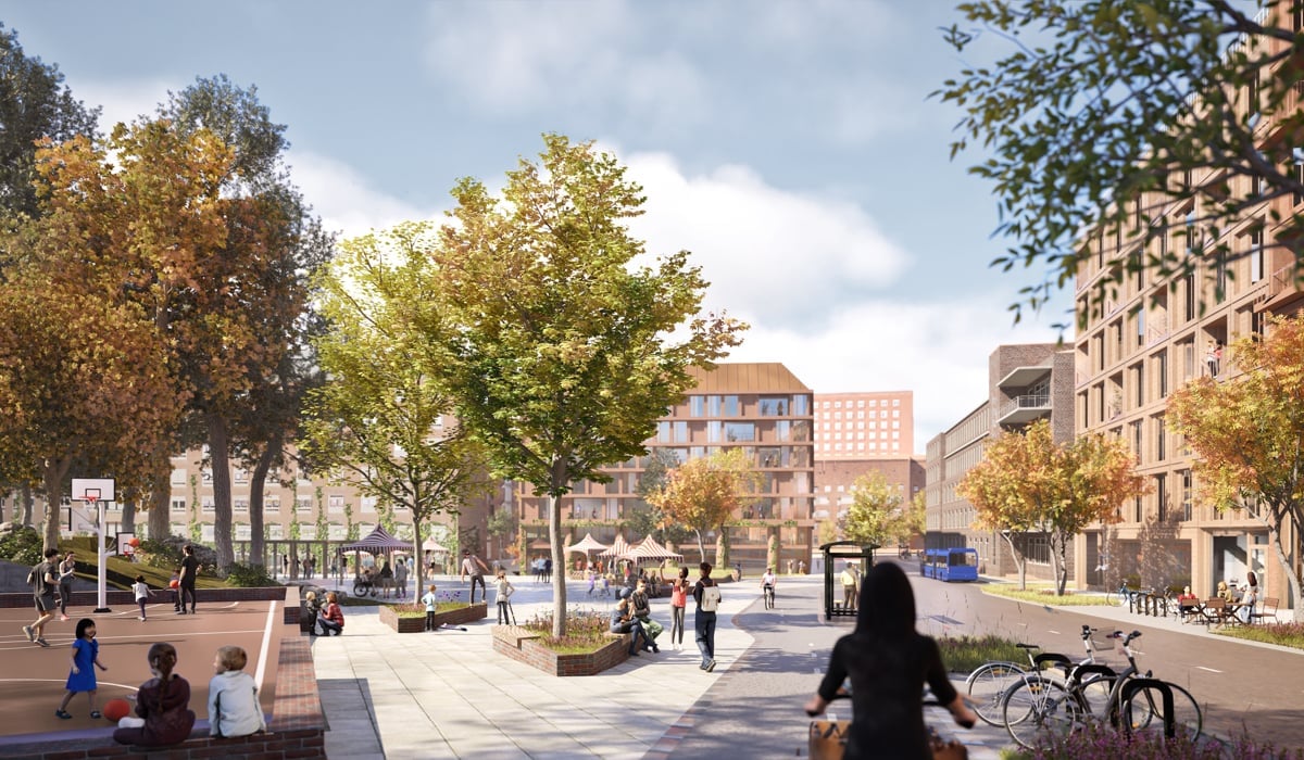 Arkitektbild som illustrerar ett torg i framtidens Norra Hagastad