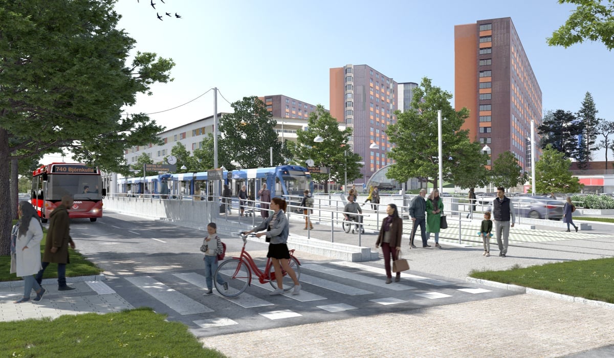 En visionsbild på en spårvägslinje i en urban miljö.