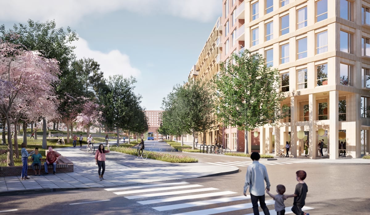 Arkitektbild som illustrerar framtidens Hälsingegatan i Norra Hagastaden.